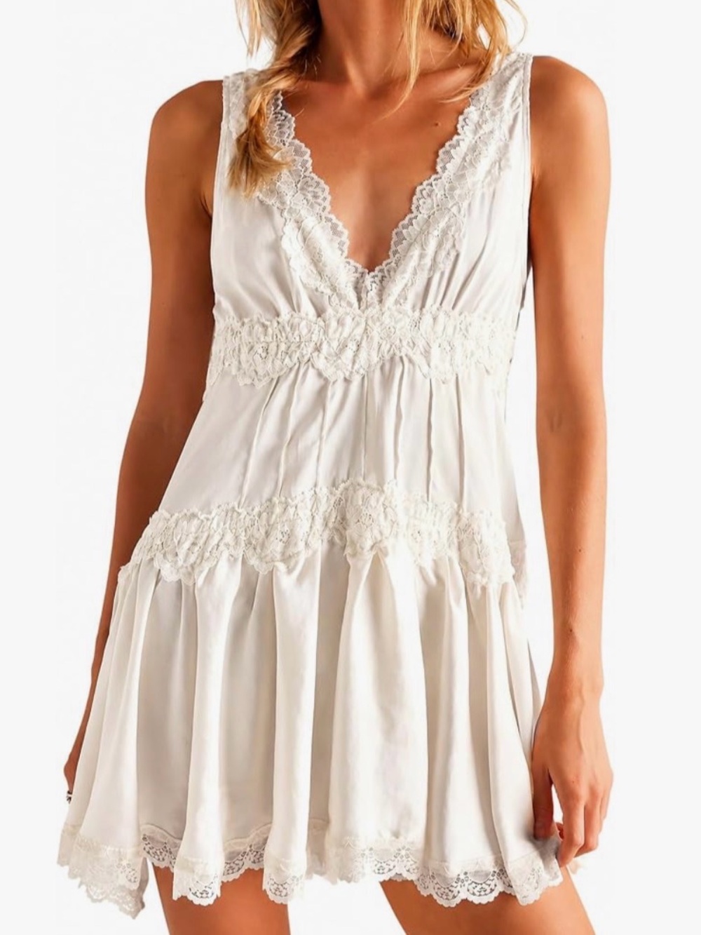Lace-Trim White V-Neck Boho